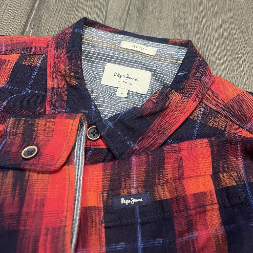 Pepe Jeans London Shirt Size L Men Red Blue Plaid Chambray Button Down Tyron‎ LS